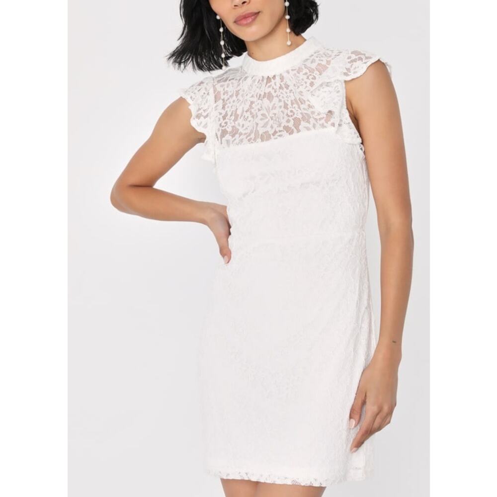 Lulus Romantic White Lace Mock Neck Bodycon Mini Dress NWT Bridal sz S